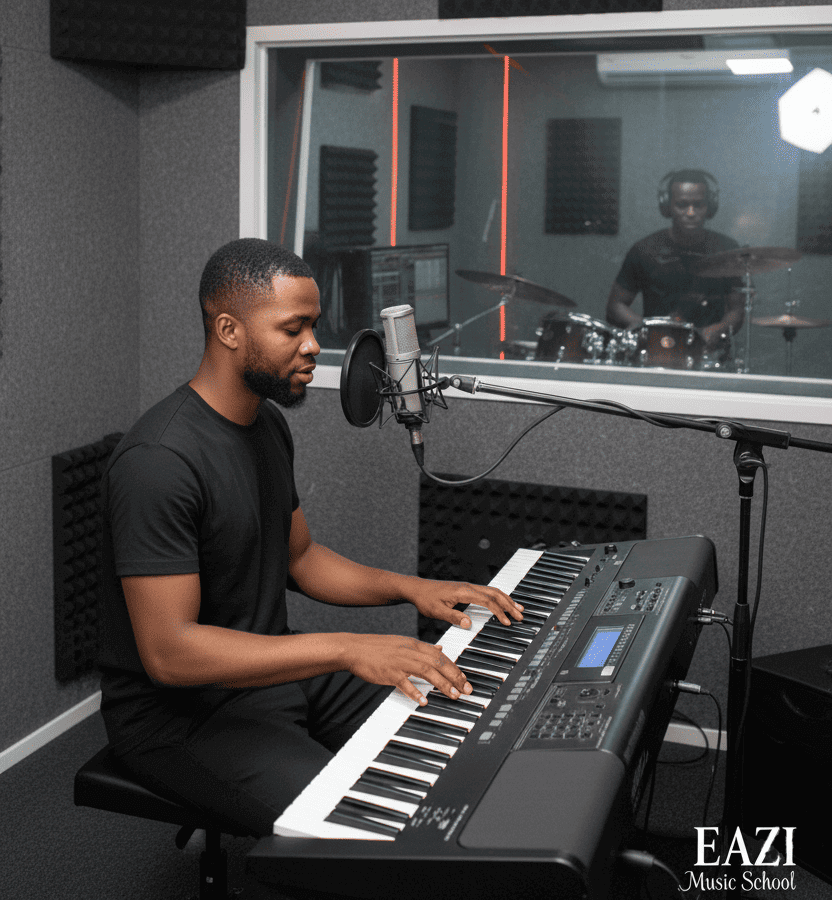 Personne avec un casque et un microphone dans un studio d'enregistrement